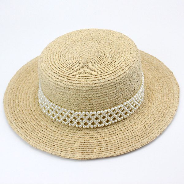 

wide brim hats classical ladies sun luxury pearl band handwoven fine raffia hat women summer boater panama beach fedora, Blue;gray