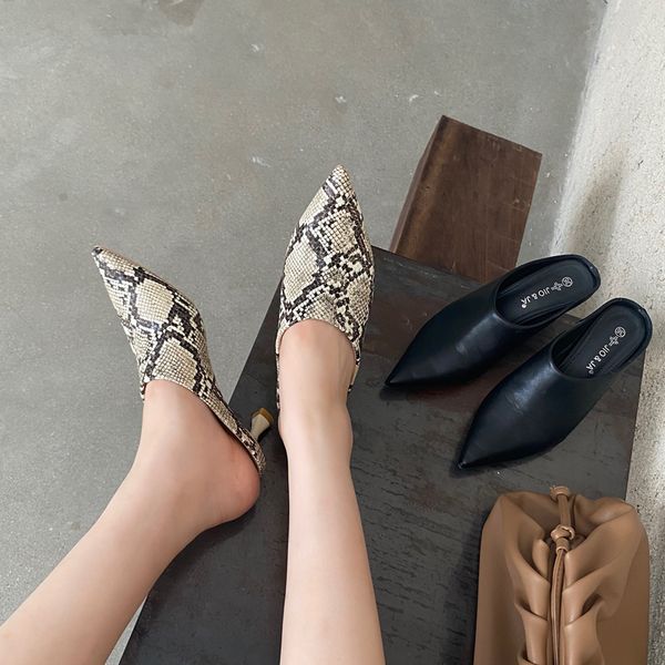 

2020 brand pointed toe slipper women shoes sanke prints high heels mules shallow slip on slide heel pump black zapatos de mujer