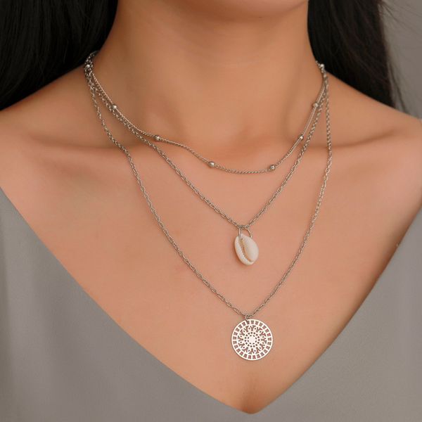 

fashion temperament natural shell necklace female three-layer simple and versatile necklace clavicle chain ladies, Silver