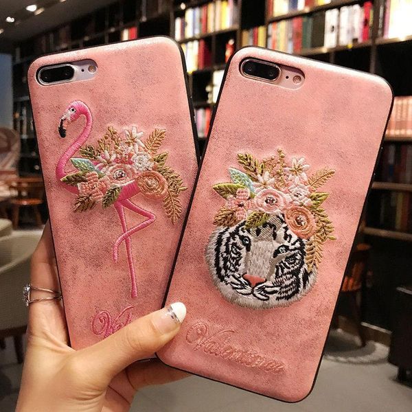 

cgjxsluxury embroidery pink case for iphone 6 6s 7 plus flamingo tiger pattern phone cases for iphone 8 8 plus x leather slim cover