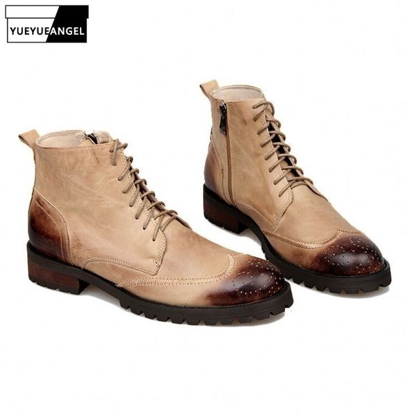 

new winter england style genuine leather boots men lace up warm round toe boots man casual shoes, Black