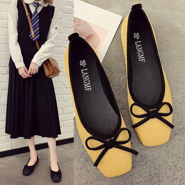 

fairy bow-knot knitting ballet flats women cozy stretch fabric ballerina women shoes solid square toe weaving moccasins 2020, Black