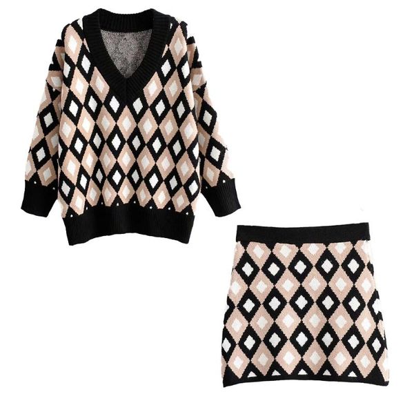 

2020 new autumn winter women two piece set knit sweater argyle pullover & knit mini skirt elastic waist ensemble femme, Gray