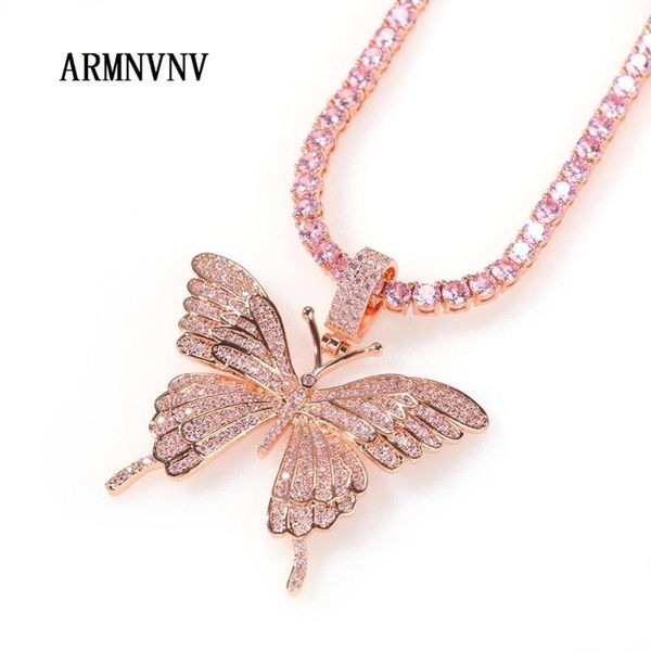 

armnvnv iconic pink butterfly pendant rose gold rope chain cubic charm pink tennis chain necklace men women hip hop jewelry gift, Silver