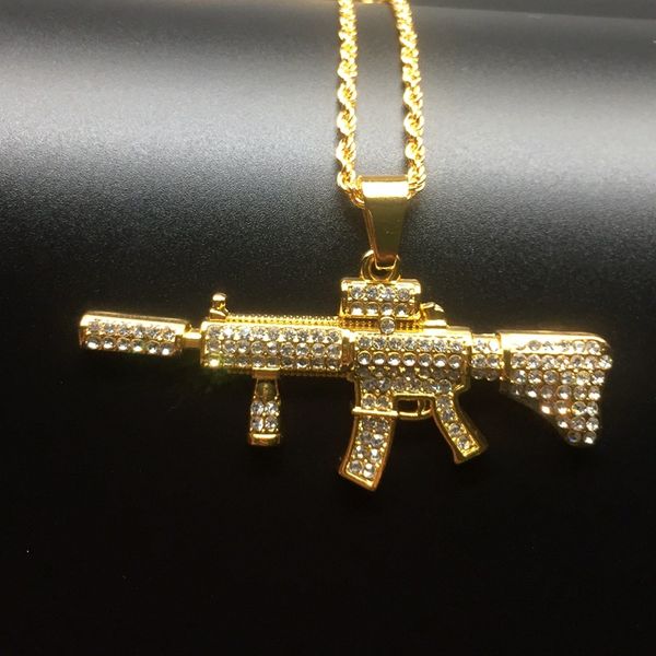 

hip hop rap zircon m4 carbine shaped necklace fashionable men's submachine gun pendant necklace men's jewelry necklace ing, Silver