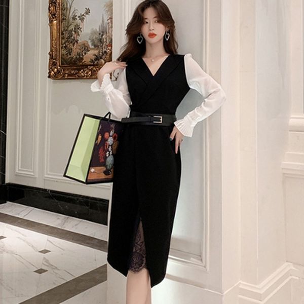 

2019 autumn winter new OL professional temperament V-neck chiffon stitching lace long sleeve elegant dresses