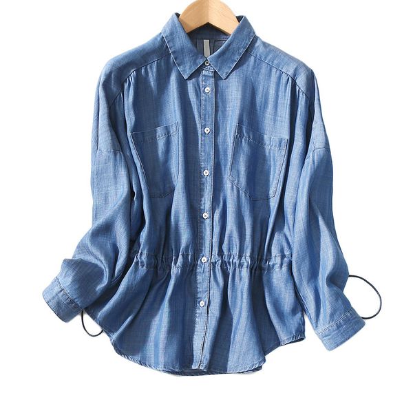 

and fashionable in summer with drawstring and waistband, denim, blue sky silk shirt, outerwear blouse for women, Black;brown