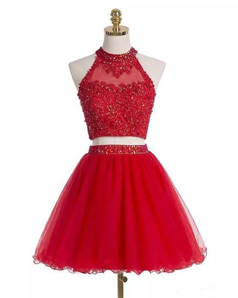 

Latest Red Short Two Pieces Homecoming Dresses 2018 Beaded Crystal Appliques A-Line Prom Cocktail Graduation Gown QC1234