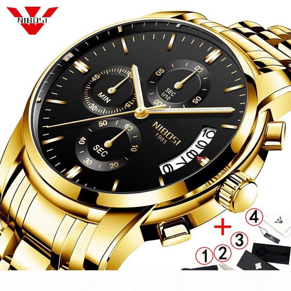 

nibosi men watch 2019 chronograph gold mens watches quartz golden male wristwatches relogio masculino 2019, Slivery;brown