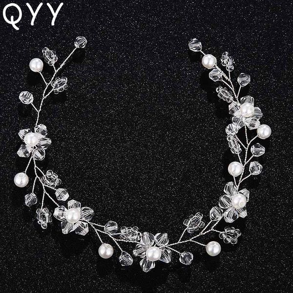 

qyy stretch flower headband women hair chains tiara vines for bridal wedding headpiece beads pearl jewelry headwear accessories, Golden;silver