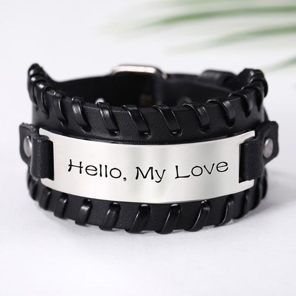 

bangle teamer fashion genuine leather stainless steel bracelet men love words charm adjustable wristband jewelry gift for lover, Black