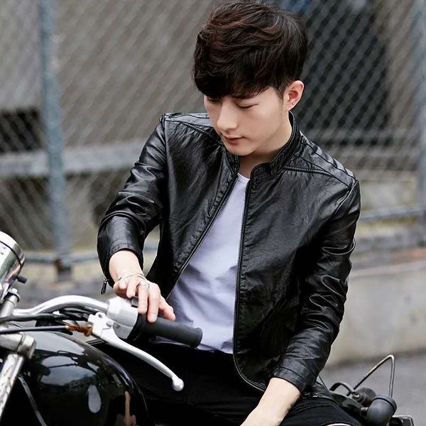 

2020 новая осень мужчины тонкий стенд воротник мотоцикла байкер пальто мытый pu кожа мужской punk streetwear искусственной кожи куртка k153, Black