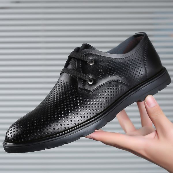 

sandals summer male genuine leather breathable for middle-aged mens hollow out business office shoes sandal, Black