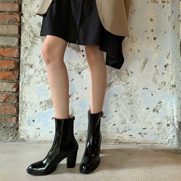 

gomulador women shoes women boots zip mid calf genuine leather work boots, Black