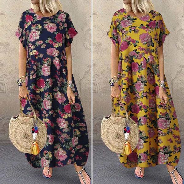 

party dresses zanzea 2021 women's printed sundress vintage summer maxi dress casual short sleeve tunic vestidos female floral robe plus, White;black