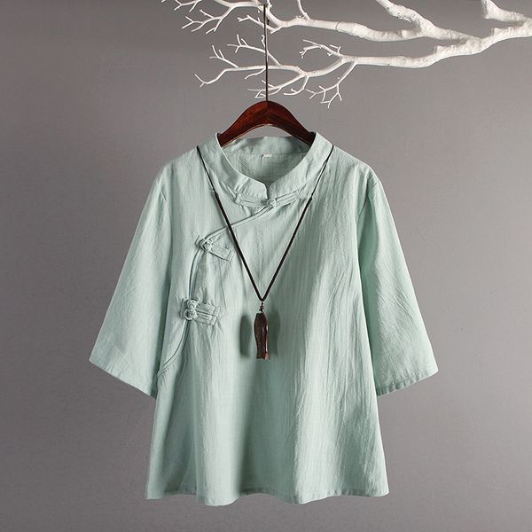 

chinese style linen new retro art cotton oblique buttons seven sleeves loose linen women traditional chinese clothing, Red