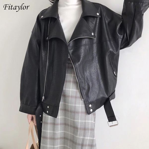 

fitaylor 2020 новых женщин сыпучие черный pu поддельный мягкая кожаная куртка с поясом повседневная женщина streetwear turn down воротник па, Black