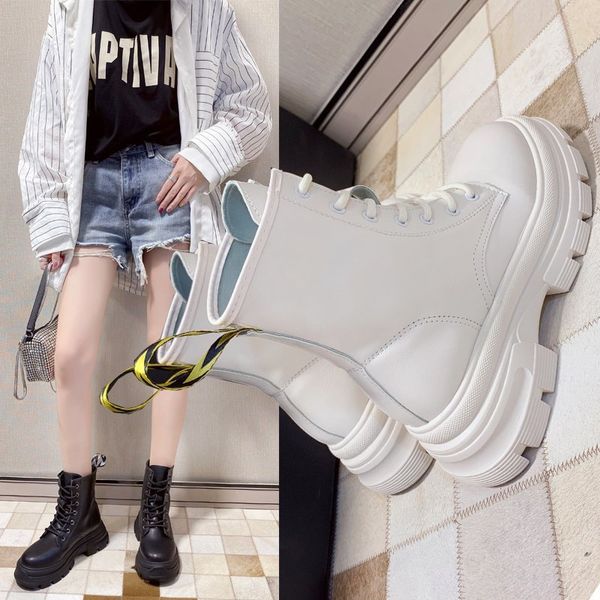 

boots women fashion solid leather middle lace-up thick boots round toe shoes outdoor pu leather winter female shoes, Black