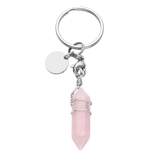 

10 pcs silverl plated wire wrap hexagon prism amethyst stone key chain rose quartz fashion jewelr, Slivery;golden