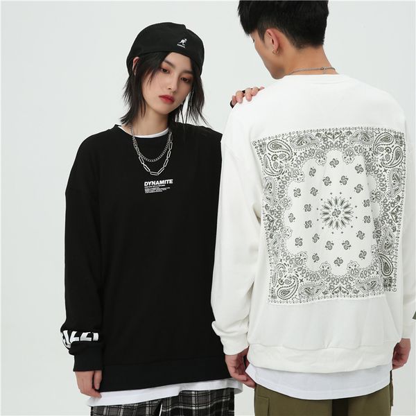 

e-baihui bandana paisley pattern patchwork long sleeve tees shirts streetwear mens hip hop casual loose cotton tshirts male, White;black