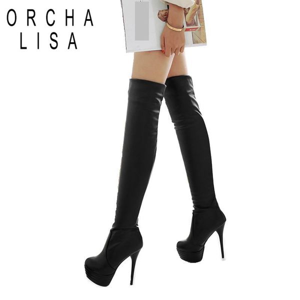 

orcha lisa plus size 32-46 13cm over knee thigh high boots stilettos women winter thin high heels platform booties shoes, Black