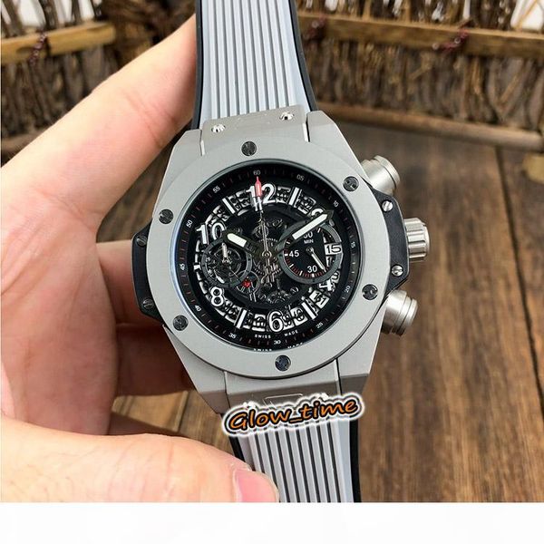 

bang 411.nm.1170.rx skeleton dial silver steel case japan vk quartz chronograph movement mens watch rubber strap sport watches, Slivery;brown