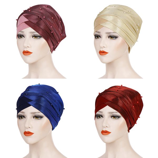 

muslim women beads elastic turban hat chemo cancer cap arab head scarf wrap cover headscarf islamic bandanas accessories, Blue;gray