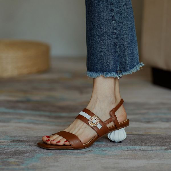 

dress shoes square toe women coffee leather sandals 4cm round heels summer woman casual lady sandalias femmes design zapatos mujer, Black