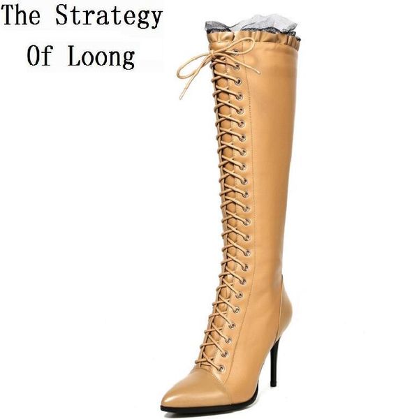 

women autumn winter genuine leather thin high heel lace up side zip pointed toe lace over the knee boot plus size 33-43 sxq0929, Black