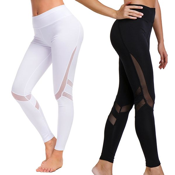 

2020 women yoga pants mesh splice high elasticity fitness yoga pants gym polyester s-2xl sports suit women, White;red