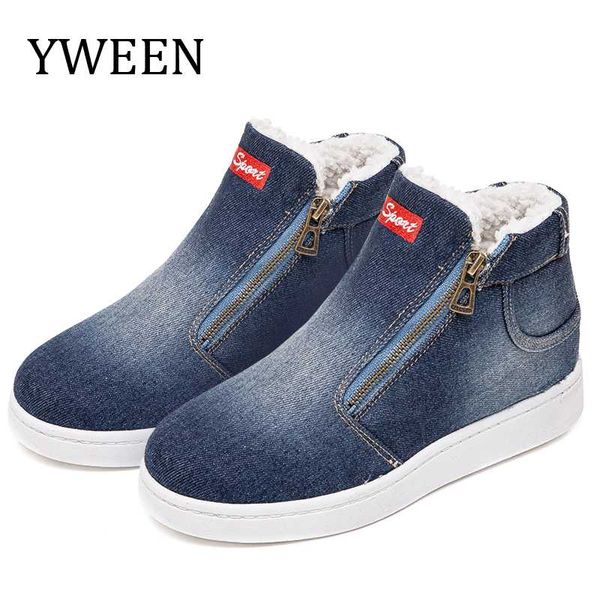 

yween 2020 winter platform boots women boots super warm winter shoes women cowboy ankle plus size denim shoes, Black