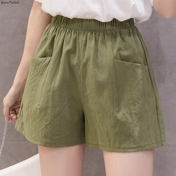 

borntogirl 2020 summer autumn shorts women casual high waist yellow black white pink red army green khaki linen shorts, White;black
