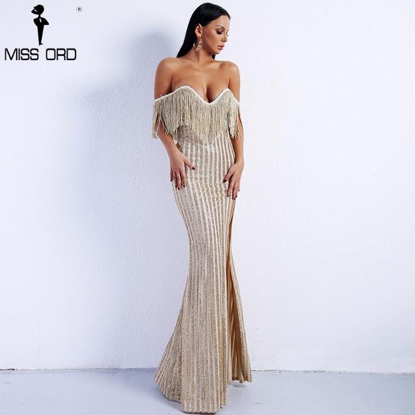 

missord 2020 elegant v neck off shoulder tassel glitter high split maxi dress ft8950, Black;gray