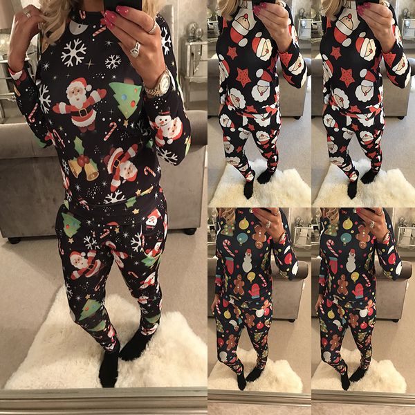 

casual two pcs sets women christmas santa claus print o neck long sleeve slim long trousers ladies xmas party suits 2020, Gray