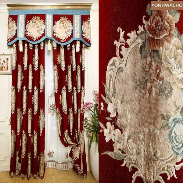 

custom curtain red chenille european high-quality living room relief jacquard cloth blackout curtain valance tulle panel c271