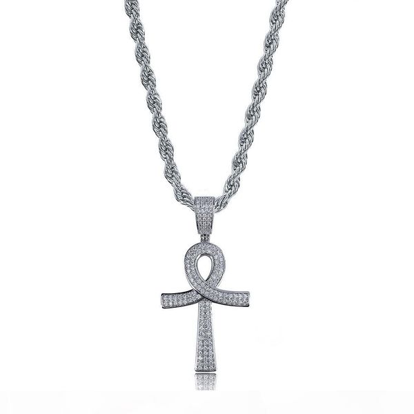 

hip hop new fashion ankh cross pendant necklace gold silver color plated iced out cz stone men gold chain jewelry gift