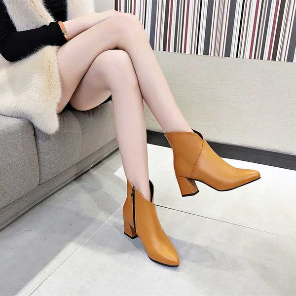 

boots women black shoes woman pointed toe square heel high spring shoes solid pu leather zipper casual boots zapatos mujer