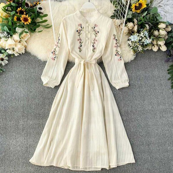 

casual dresses ftlzz women dress bohemian embroidery flowers cheongsam spring autumn slim beige vestidos, Black;gray