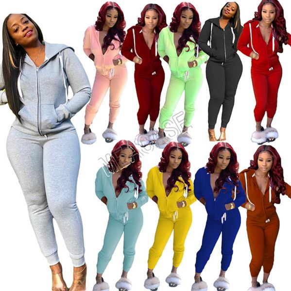 

women autumn winter tracksuit solid color zipper jacket hoodies hooded coat legging pants outfit jogging clothing sportwear d81306, White