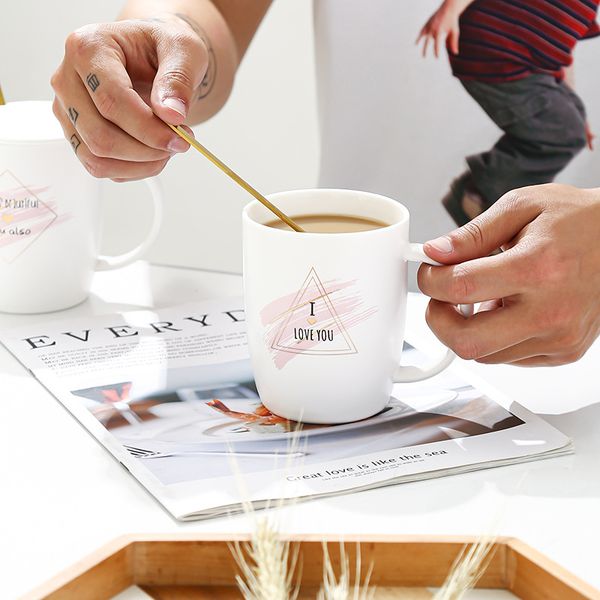

400ml modern simple ceramic coffee mug home couple milk breakfast mug spoon handle with lid creative geometric ceramic cup
