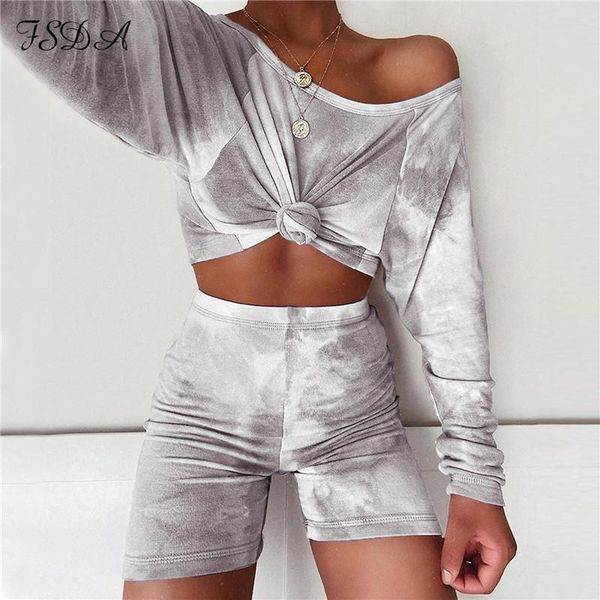

fsda summer women set 2020 tie dye long sleeve crop shirt loose and mini biker shorts casual two piece sets outfits sport t200622, Gray