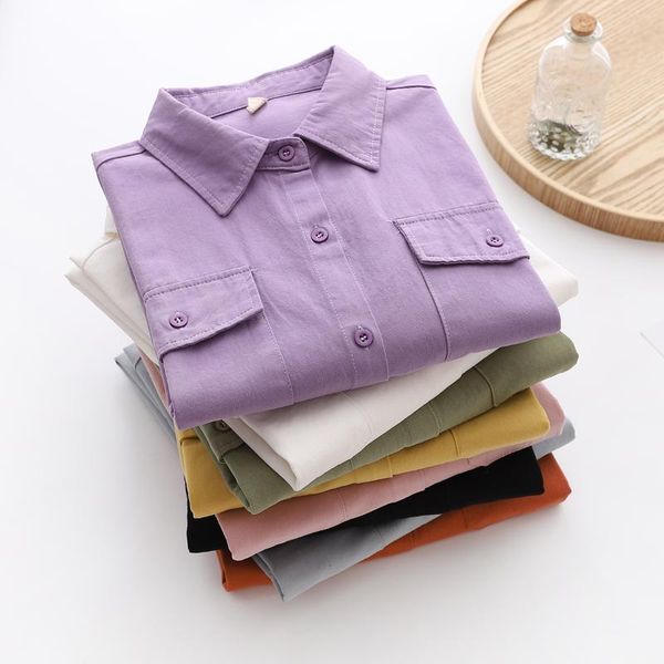 

womens pocket design cotton blouse 2020 autumn new women loose shirts casual long sleeve solid color college style blouses, White