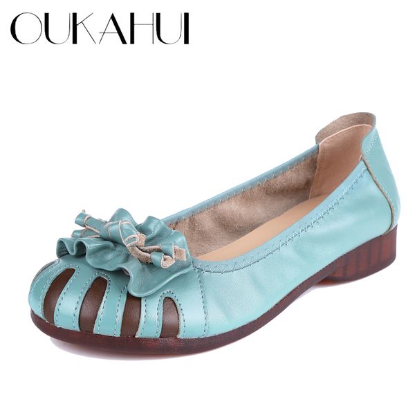 

oukahui spring autumn 2020 new soft genuine leather women flat casual shoes with bow-knot round toe flowers low heel ladie flats, Black