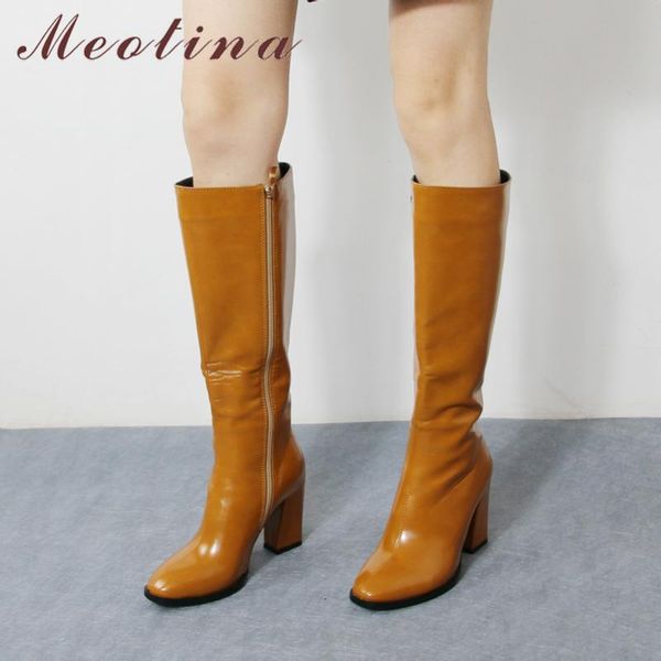 

meotina long boots women shoes round toe block heels knee-high boots zipper extreme high heel ladies winter brown 34-46, Black