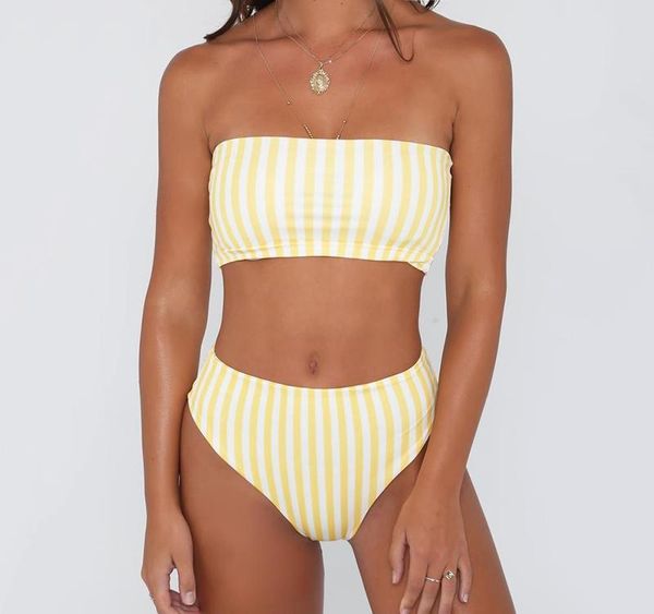 

plavky 2020 retro yellow striped strapless bandeau biquini cut high waist swim bathing suit swimsuit swimwear women bikini0698, White;black
