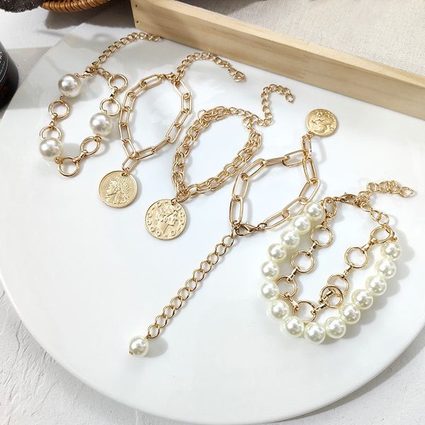 

flatfoosie новый дизайн золотой цвет pearl браслеты для женщин монеты канцелярскую скрепку браслет браслеты femme бижутерия аксессуары, Black