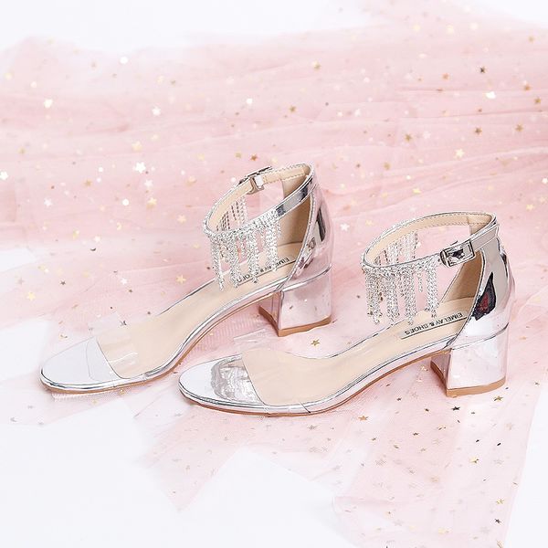 

summer new low-heeled women's sandals with mirrored thick heel square heel transparent with open toe buckle rhinestone high, Black