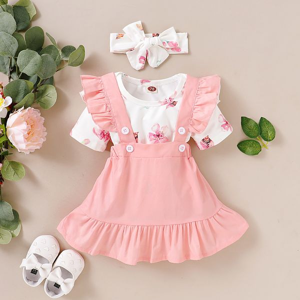 

designer casual lovely toddler girls clothes sets fresh flowers printed solid frilled strap skirt bow hairband 3pc child gift, Pink;blue