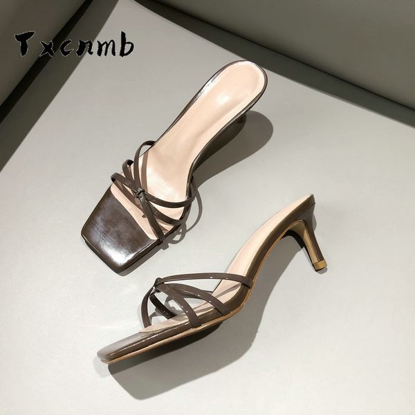 

brand design women slippers elegant open toe thin heels 5cm slippers summer outdoor beach leather shoes, Black