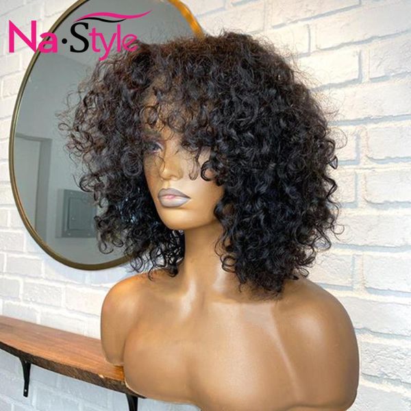 

pixie cut wig human hair glueless short bob 13x4 lace front human hair wigs bleached knots afro kinky curly wig with bangs 150%, Black;brown